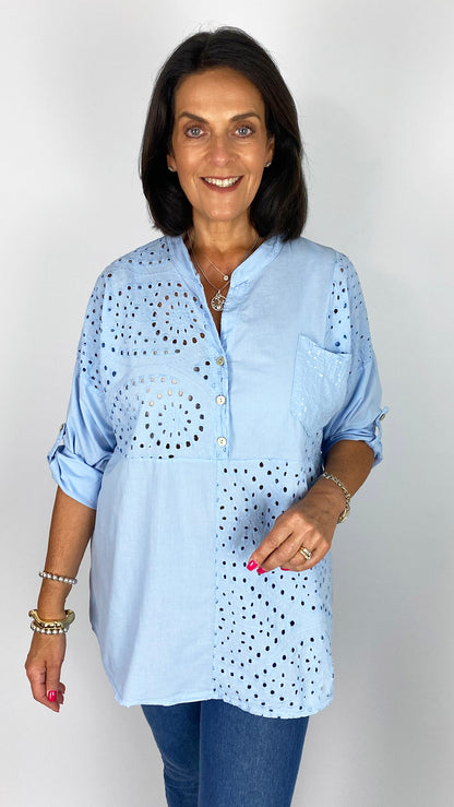 Sequin patch pocket laser-cut cotton blouse | 4 Colours