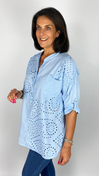 Sequin patch pocket laser-cut cotton blouse | 4 Colours