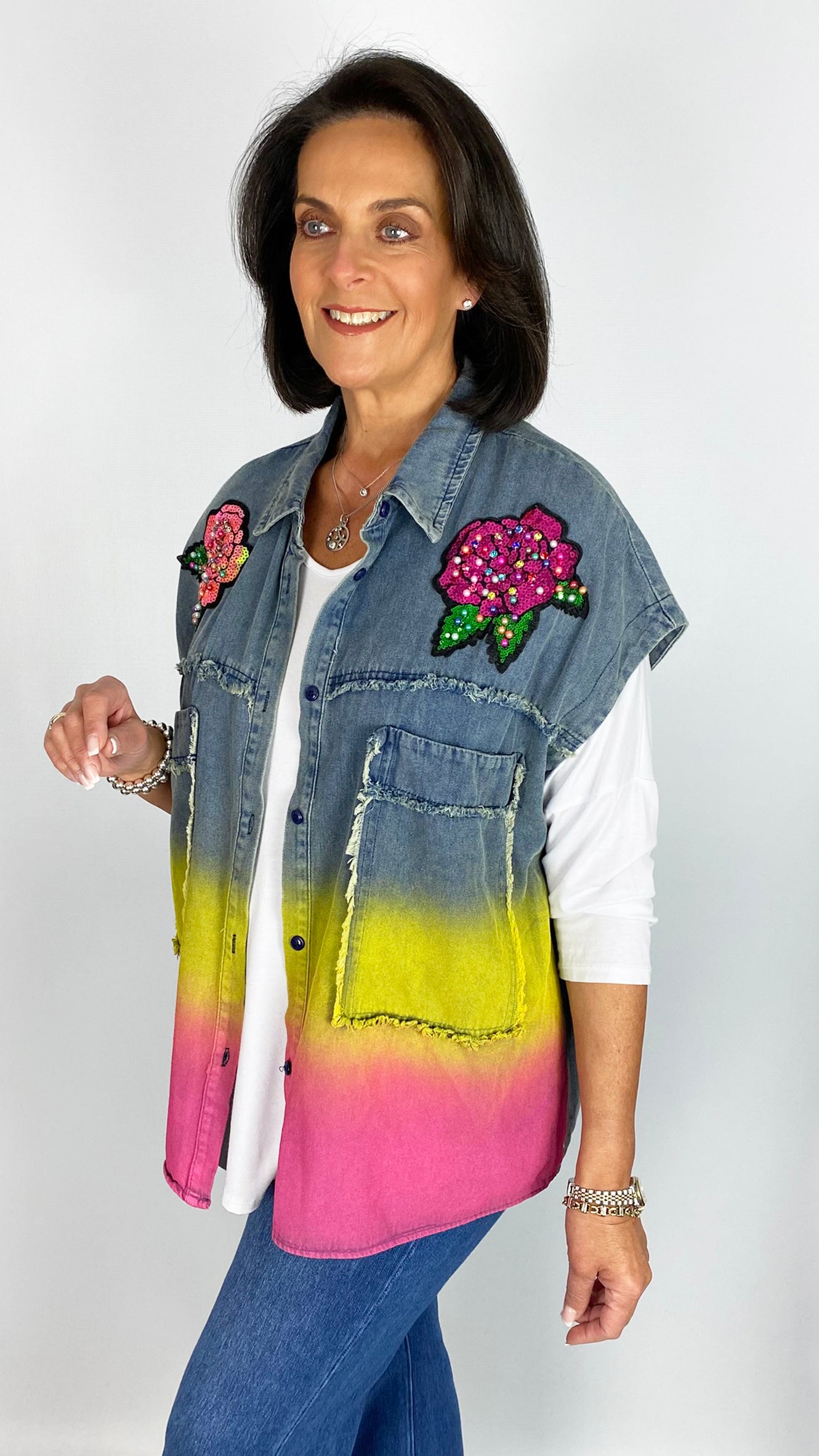 Paint & embellished denim gilet | 2 Styles