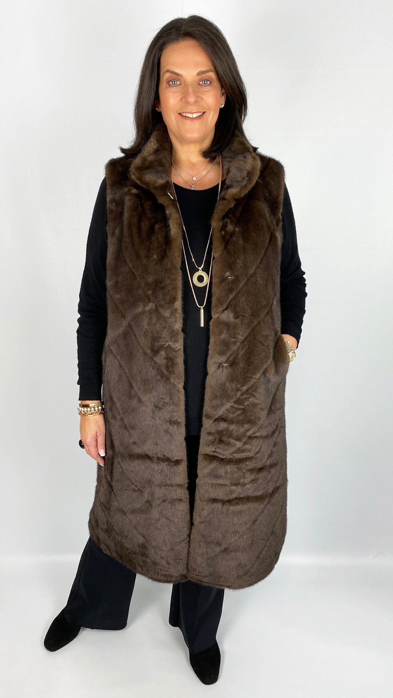 Chevron luxury faux fur long gilet (3 Colours)