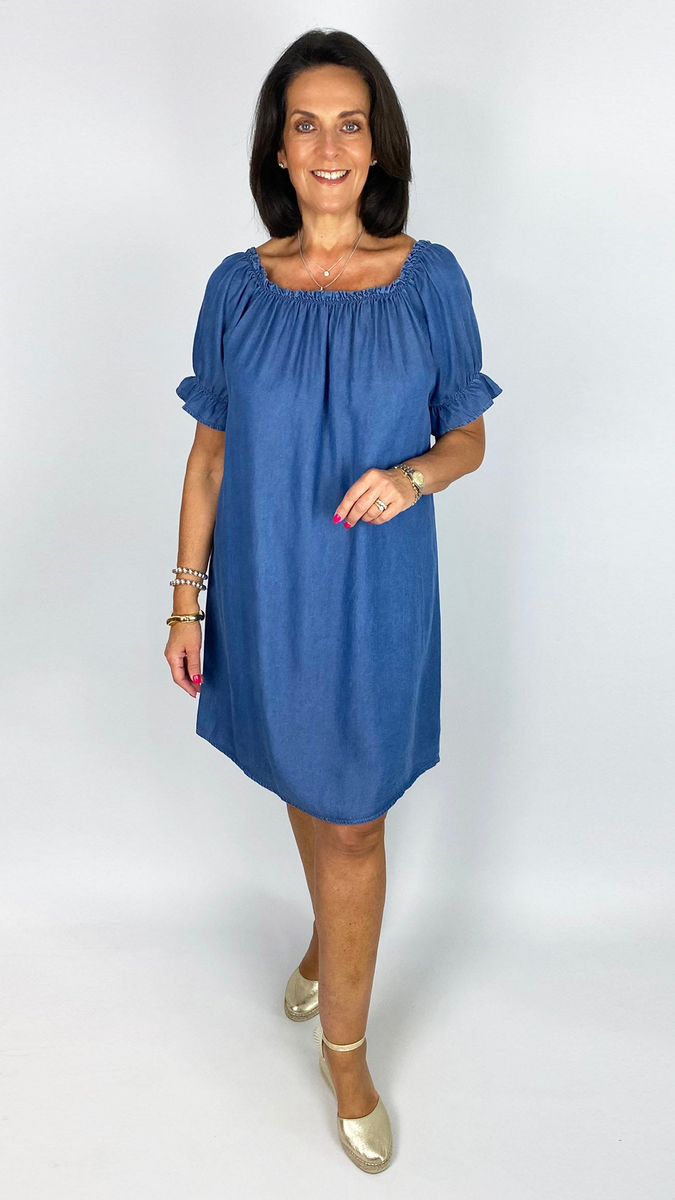 On/off-the-shoulder chambray puff-sleeve dress | Dark Denim | last 1