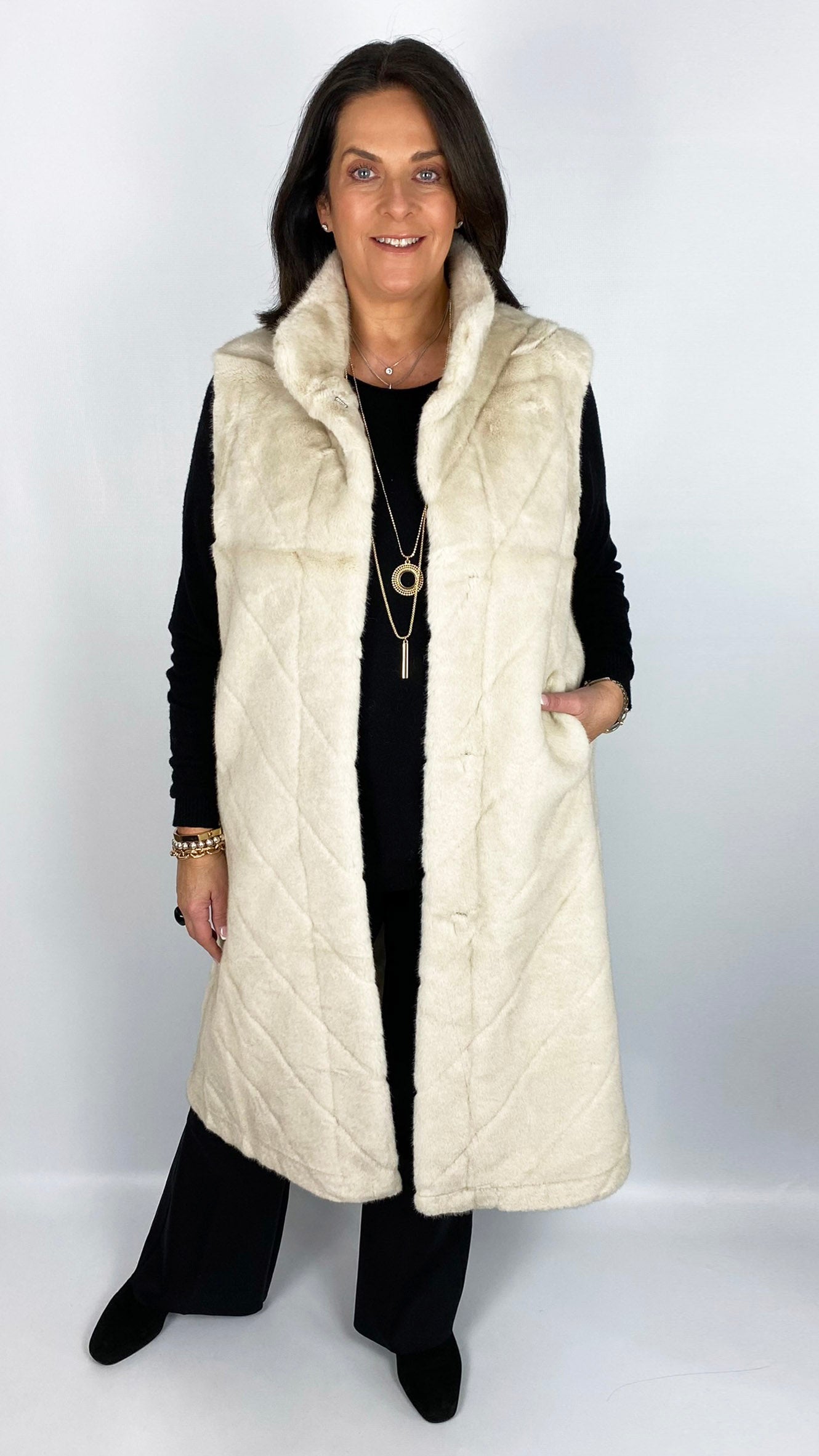 Chevron luxury faux fur long gilet (3 Colours)