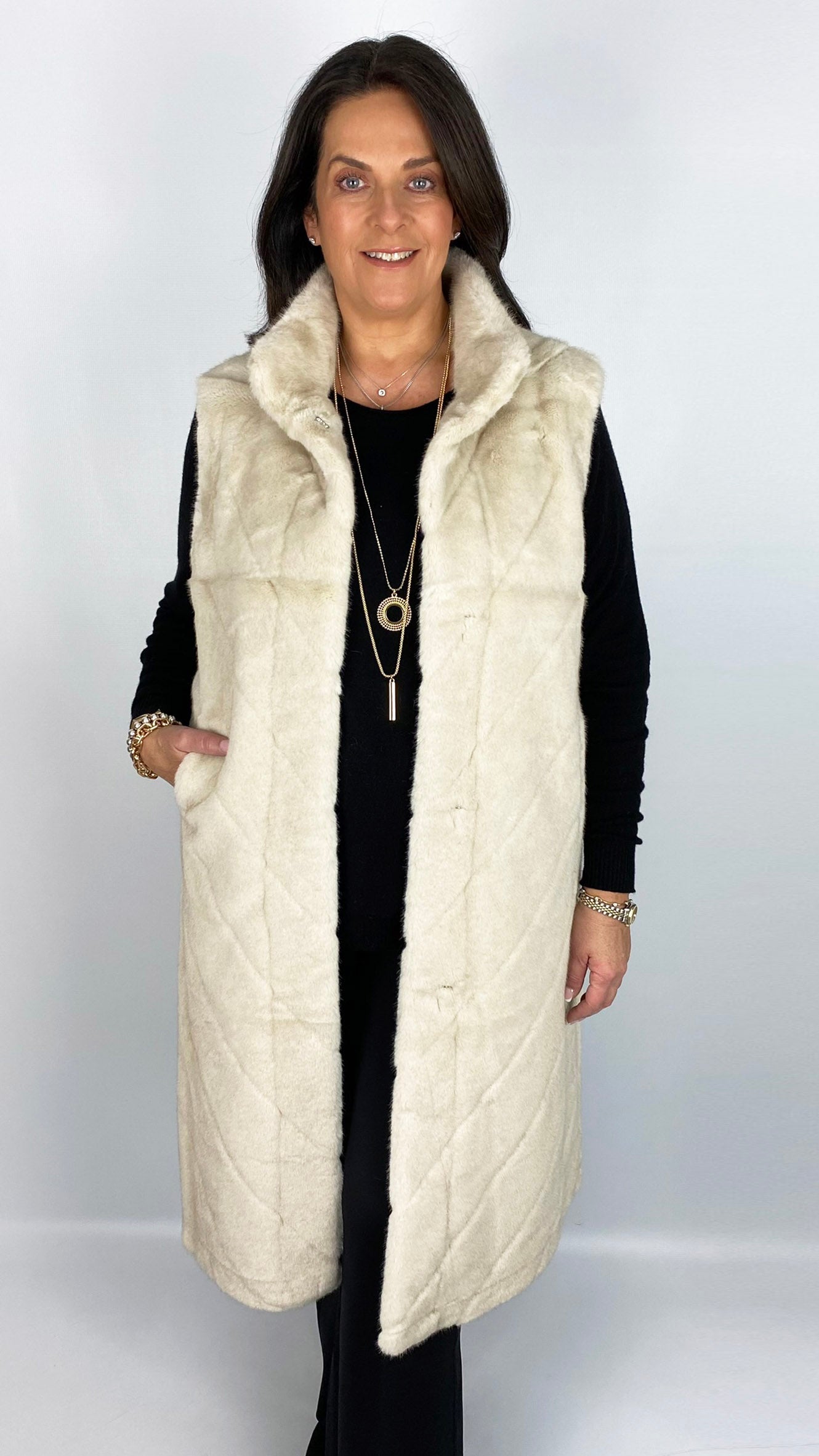 Chevron luxury faux fur long gilet (3 Colours)