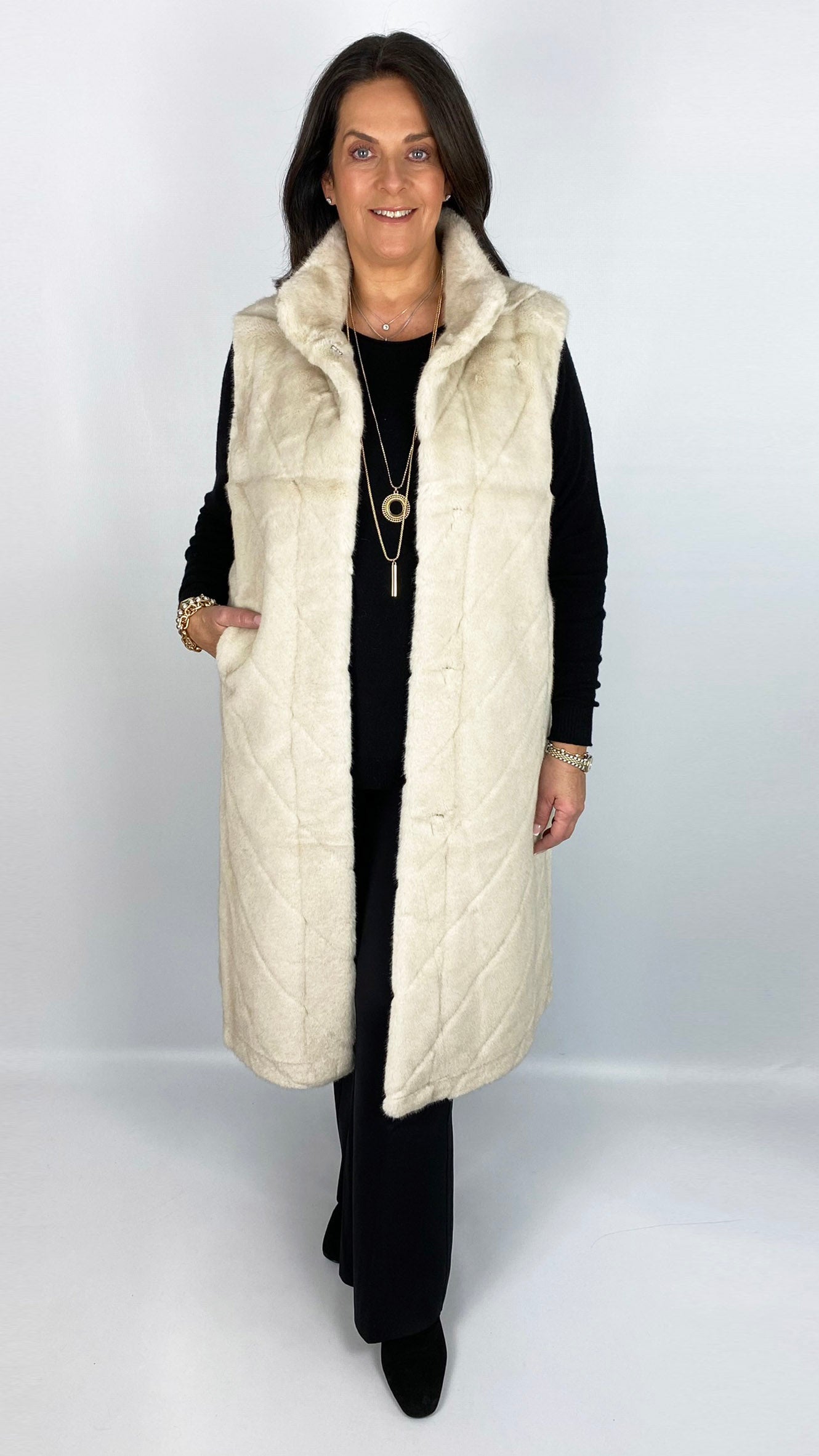 Chevron luxury faux fur long gilet (3 Colours)