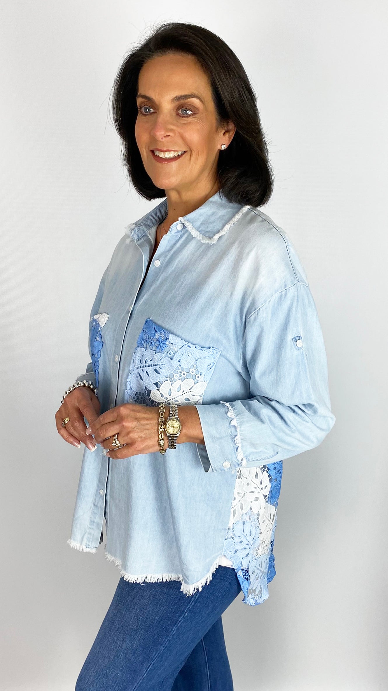 Crochet back & pockets raw edge chambray shirt | Blue