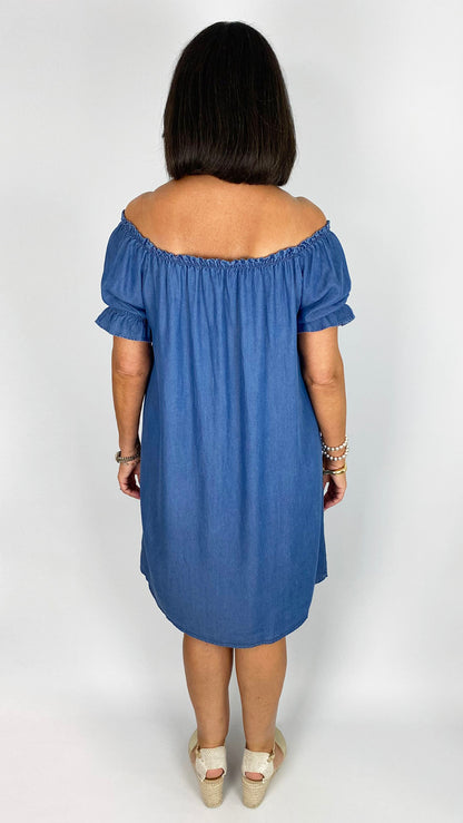 On/off-the-shoulder chambray puff-sleeve dress | Dark Denim | last 1