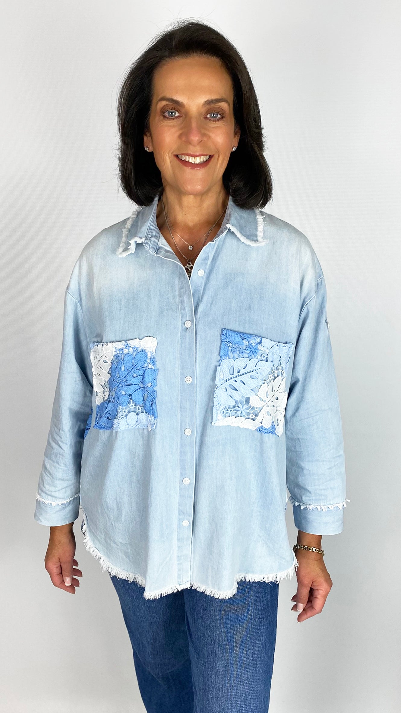 Crochet back & pockets raw edge chambray shirt | Blue