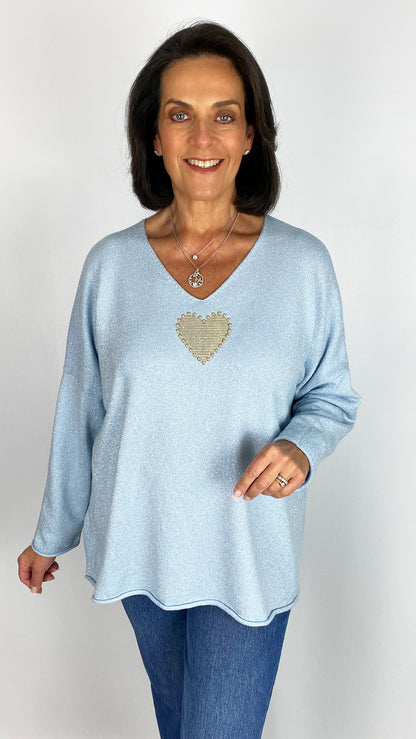 Embellished heart lurex oversized v-neck jumper | 3 Colours