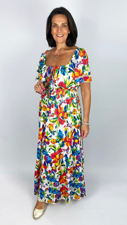 Metallic detail floral tiered maxi dress | White/Multi