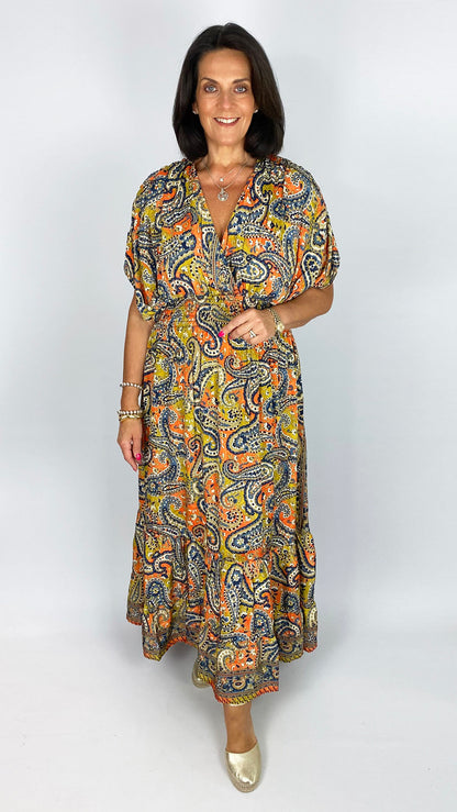Satin-feel cinched waist paisley print maxi dress | Orange/Blue/Olive