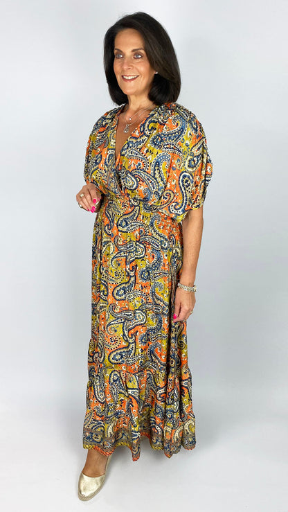 Satin-feel cinched waist paisley print maxi dress | Orange/Blue/Olive