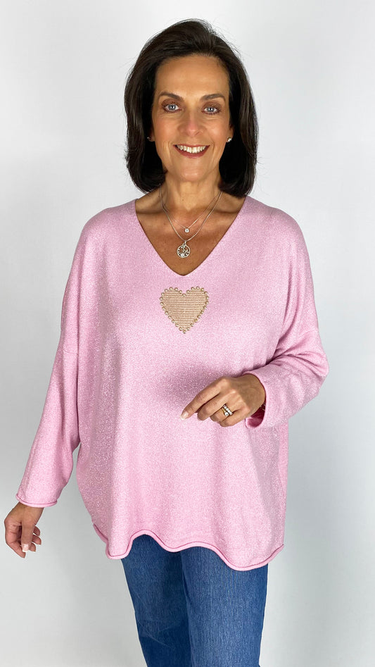 Embellished heart lurex oversized v-neck jumper | 3 Colours