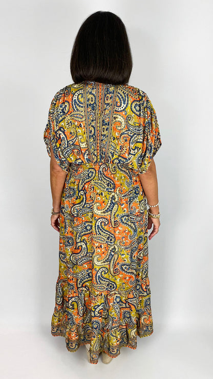 Satin-feel cinched waist paisley print maxi dress | Orange/Blue/Olive