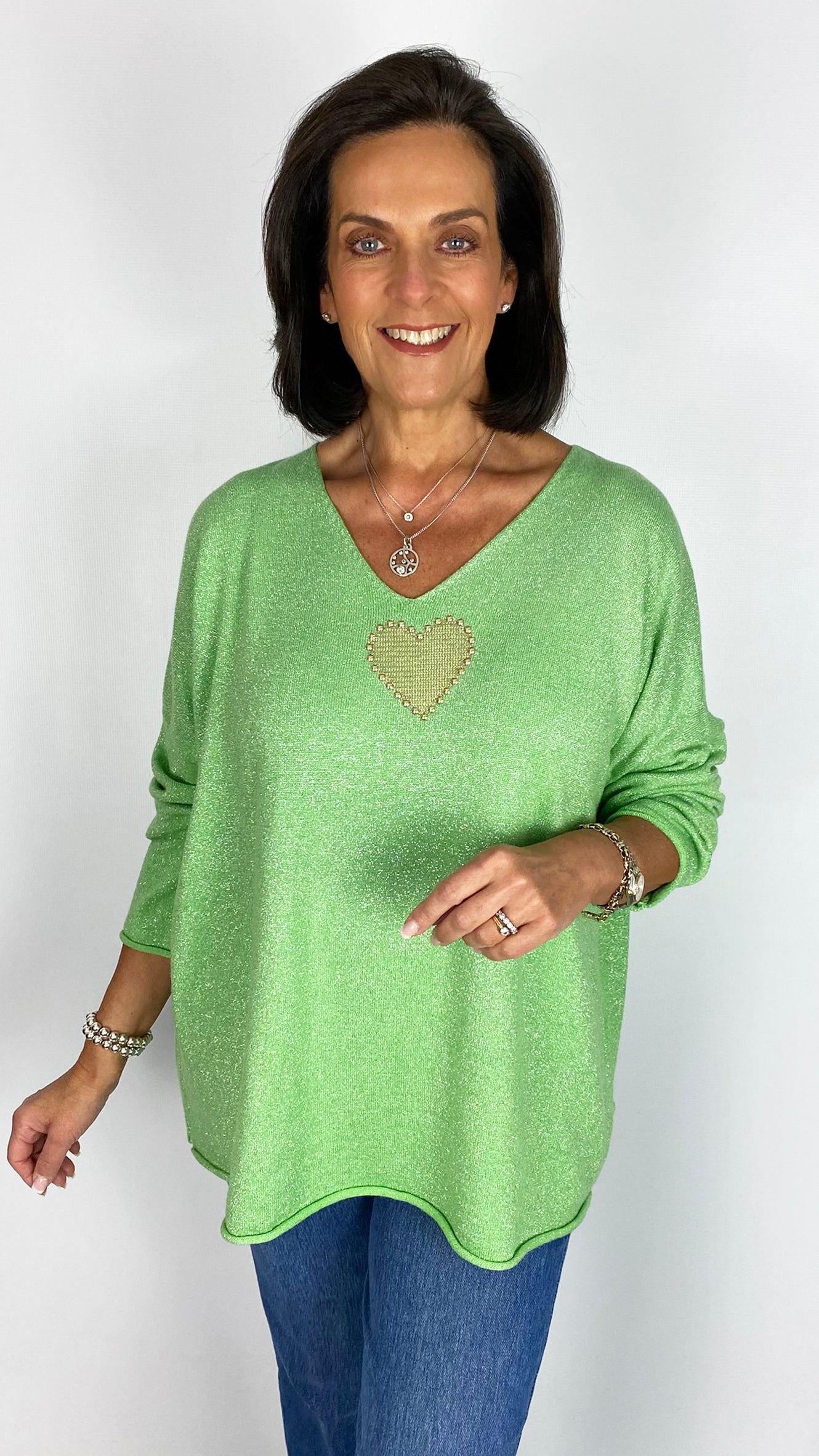 Embellished heart lurex oversized v-neck jumper | 3 Colours