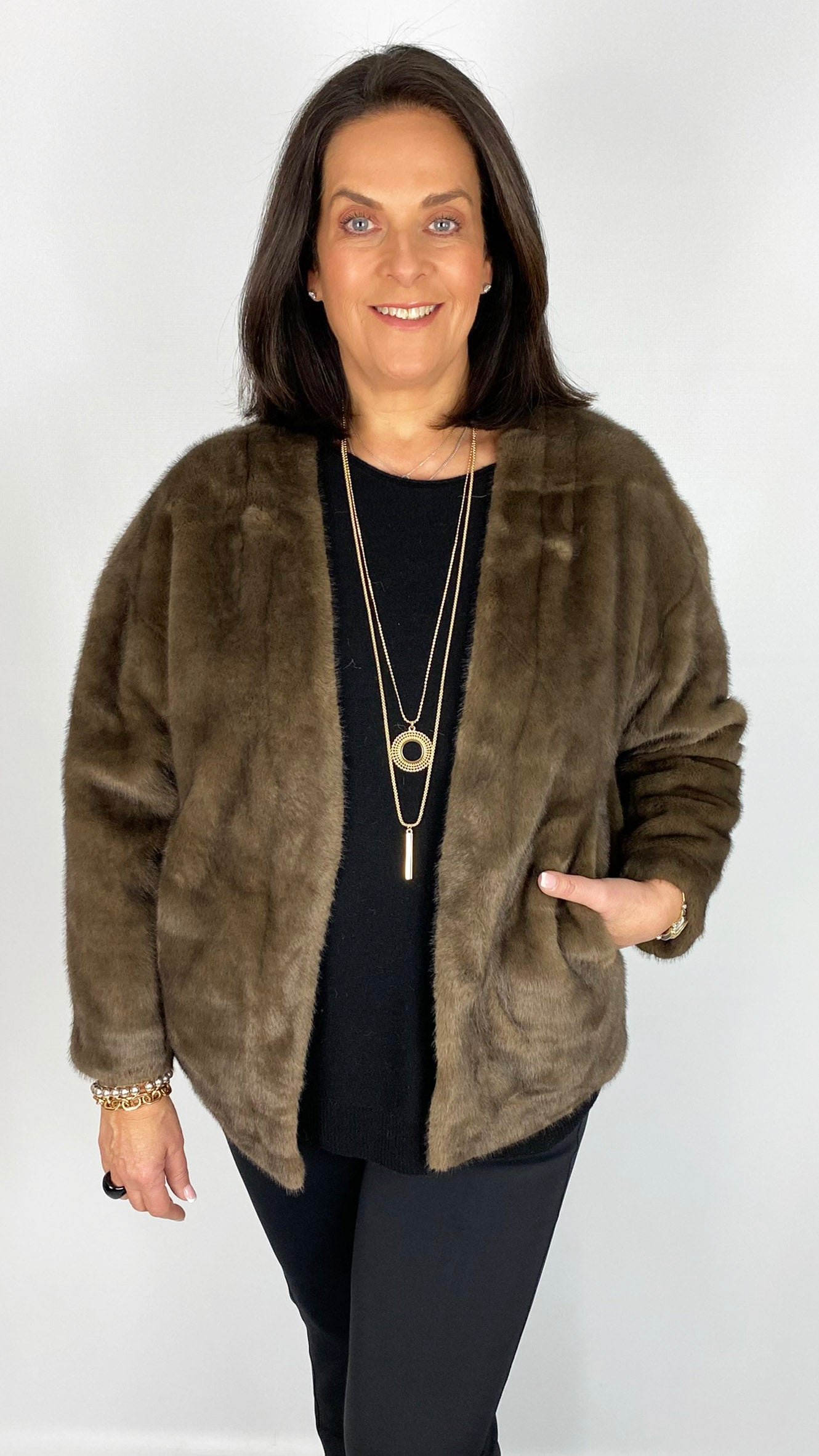 Luxury faux fur short jacket (Brown)