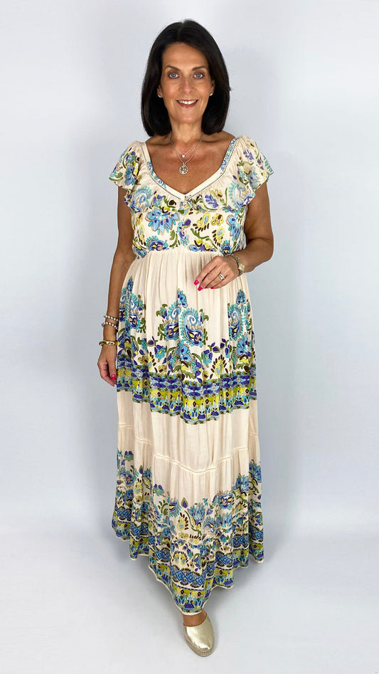 Boho floral tiered maxi dress | Cream/Aqua