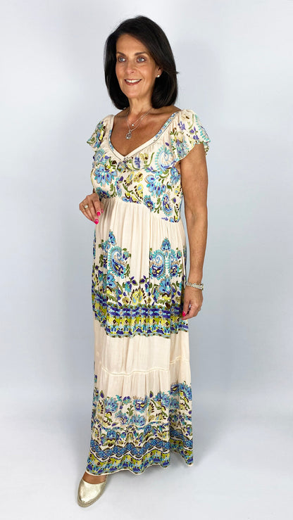 Boho floral tiered maxi dress | Cream/Aqua