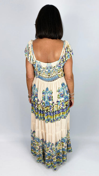Boho floral tiered maxi dress | Cream/Aqua