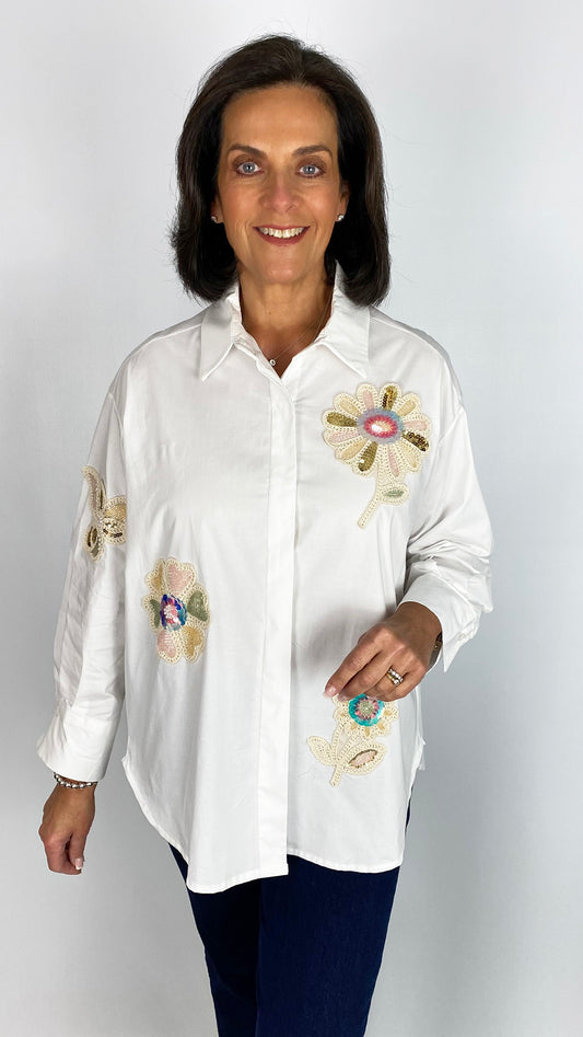 Crochet & sequin embellished pure cotton shirt | White