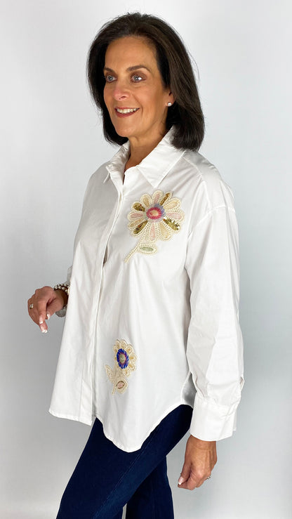 Crochet & sequin embellished pure cotton shirt | White