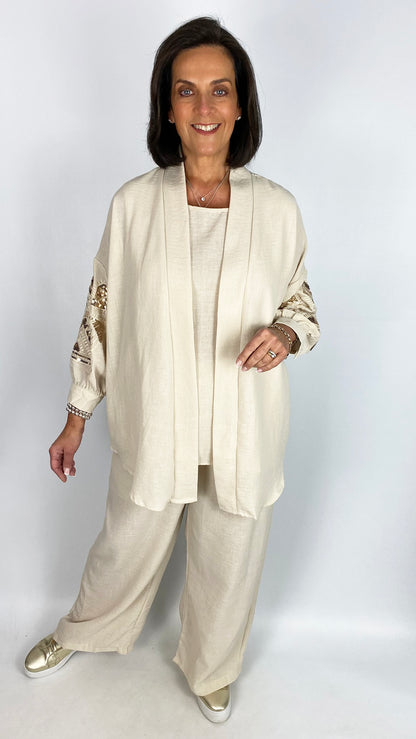 Linen-mix sequin embroidered 3 piece set | 2 Colours