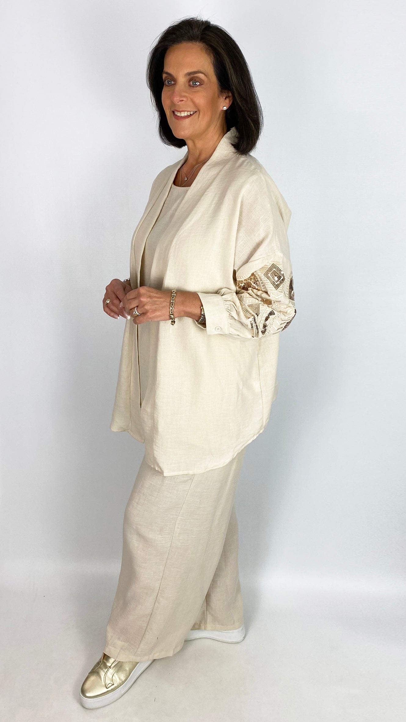 Linen-mix sequin embroidered 3 piece set | 2 Colours