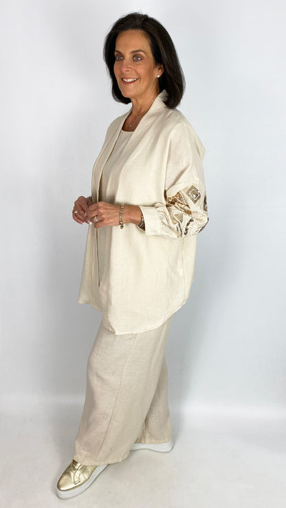 Linen-mix sequin embroidered 3 piece set | 2 Colours