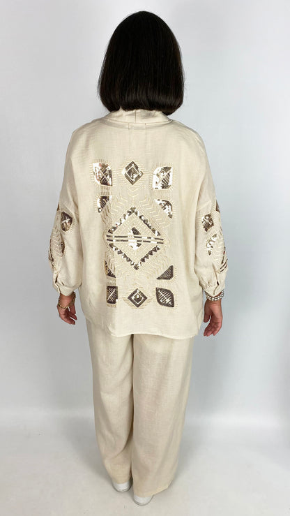 Linen-mix sequin embroidered 3 piece set | 2 Colours