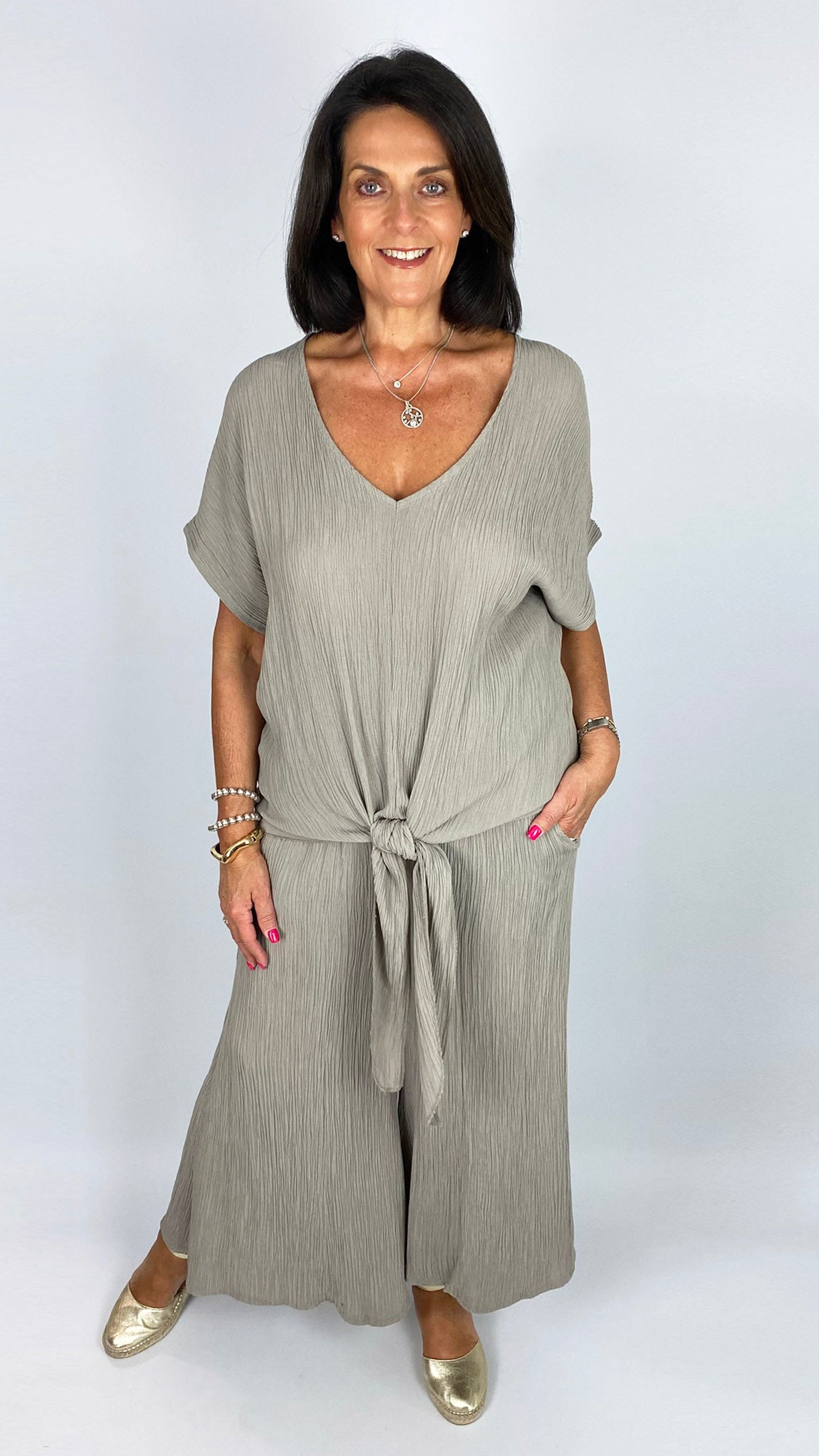 Crinkle tie front top & culotte pant set | 4 Colours