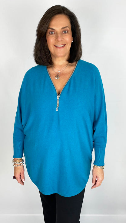 Round hem zip v-neck jumper (6 Colours)