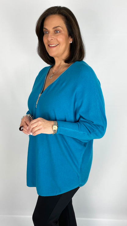 Round hem zip v-neck jumper (6 Colours)