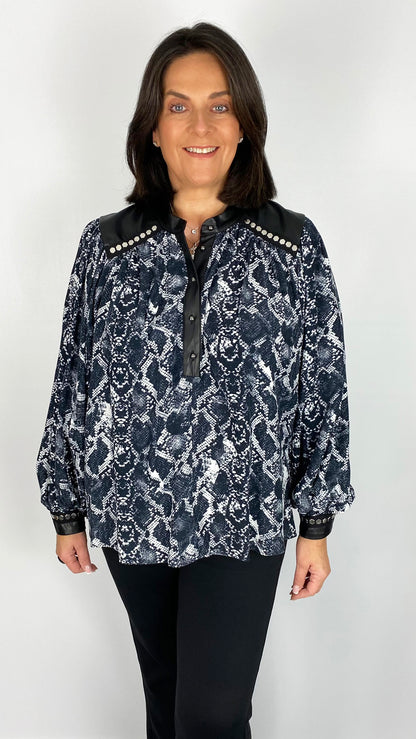 Pleather & stud trimmed snake print blouse by Mat (Black) - last 1