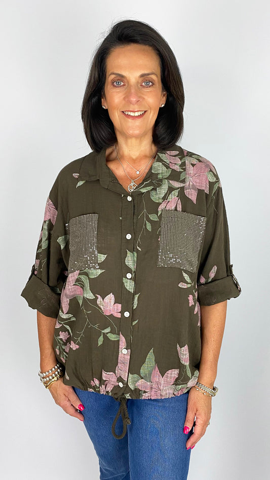 Drawstring hem sequin patch pocket floral shirt | 4 Colours
