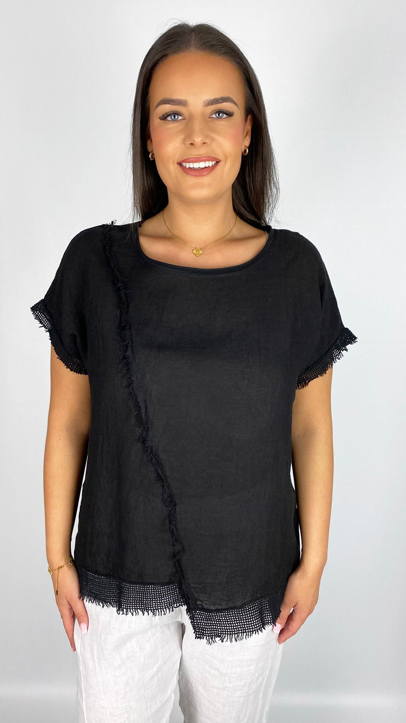 Cotton & linen raw-seam mesh-hem top | 4 Colours