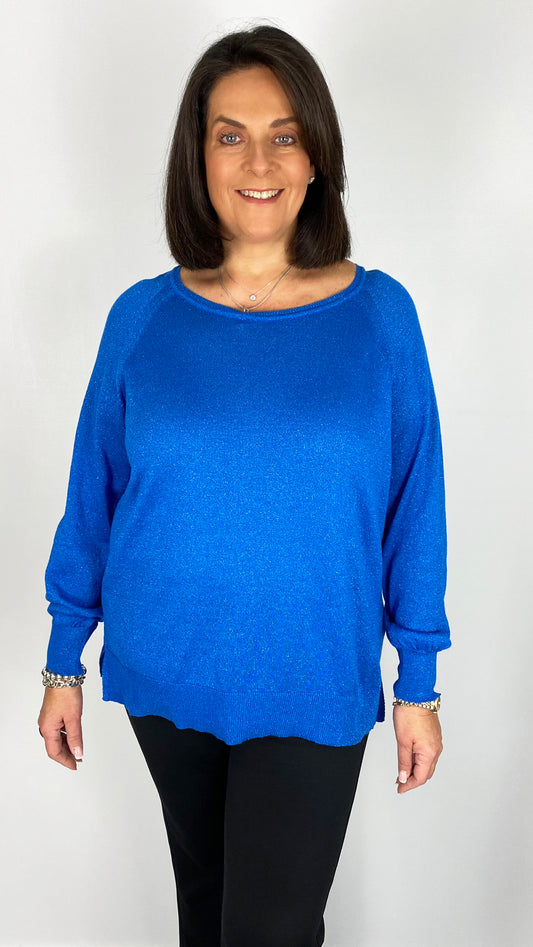 Lurex fine knit long sleeve top by Mat (Sapphire Blue)