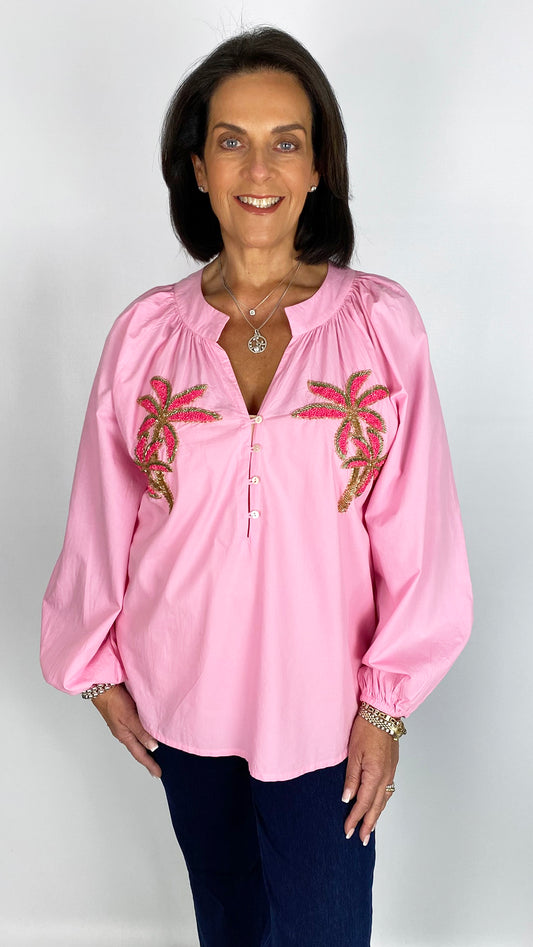 Embellished palm tree cotton collarless v-neck blouse | 2 Colours