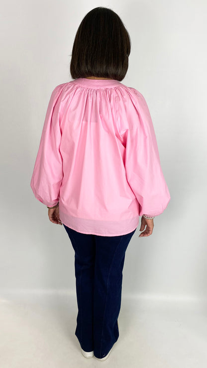 Embellished palm tree cotton collarless v-neck blouse | 2 Colours