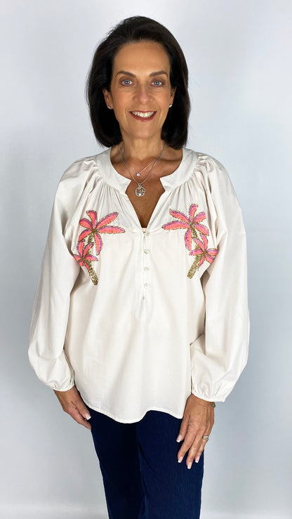 Embellished palm tree cotton collarless v-neck blouse | 2 Colours