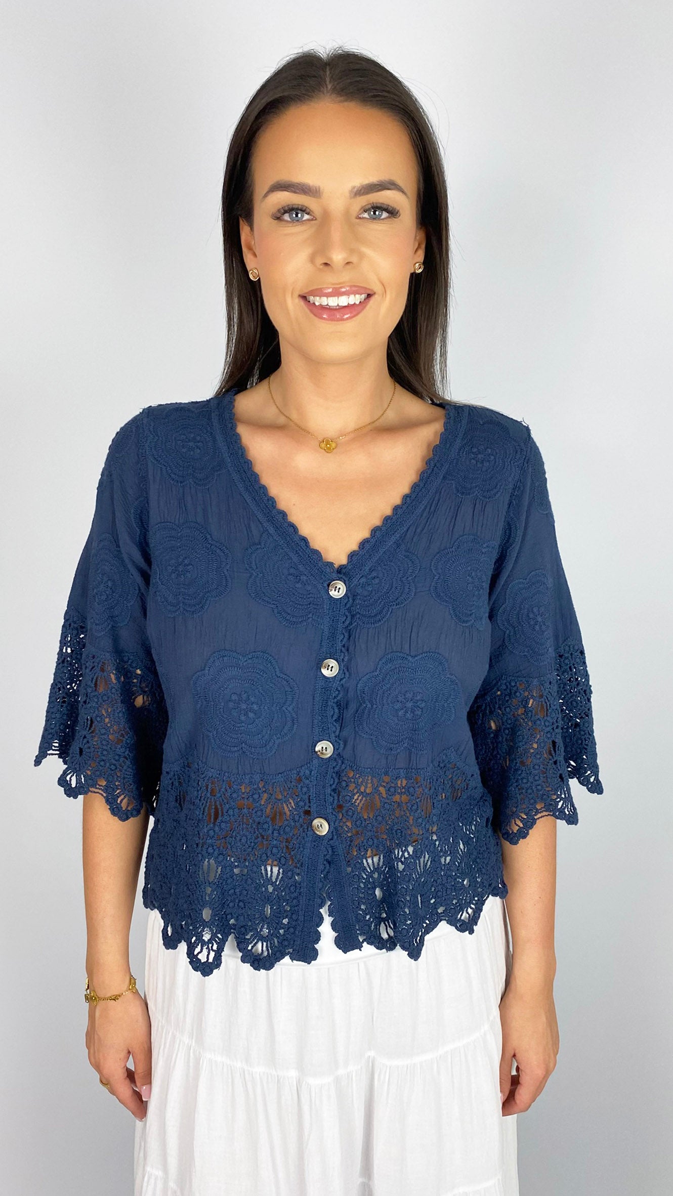 V-neck button-through crochet top | 5 Colours