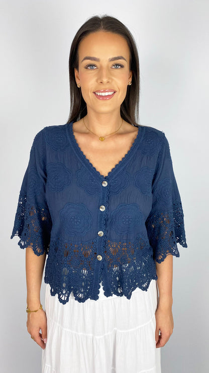 V-neck button-through crochet top | 5 Colours