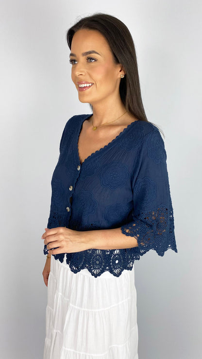 V-neck button-through crochet top | 5 Colours
