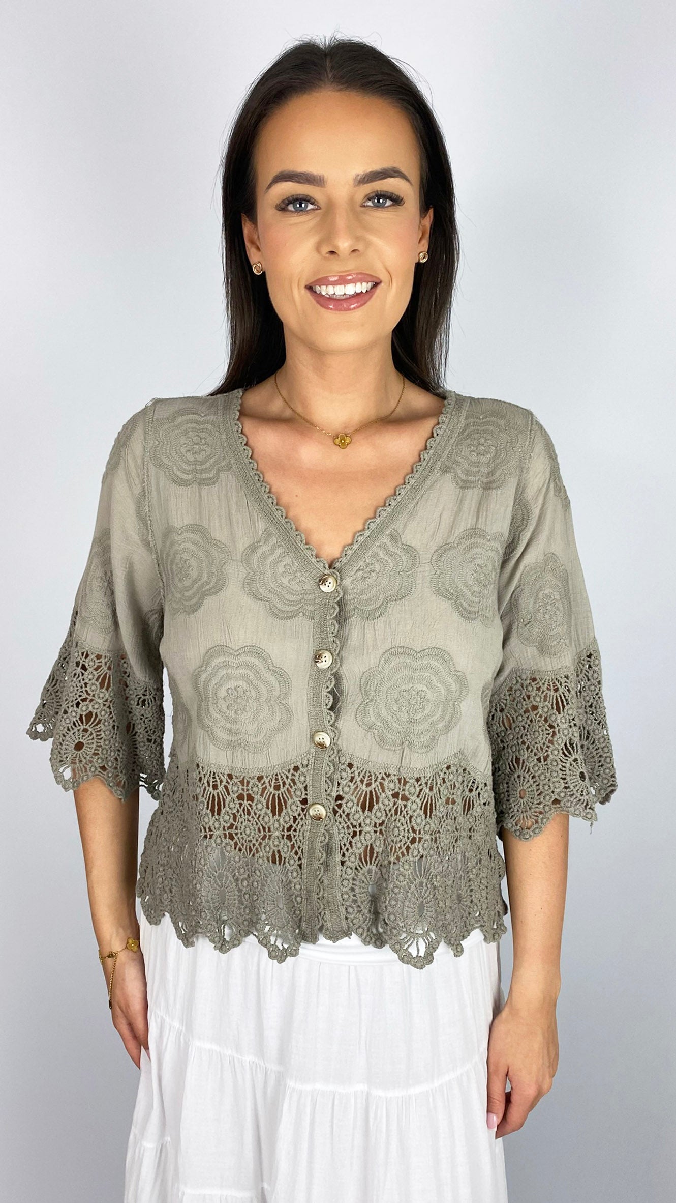 V-neck button-through crochet top | 5 Colours