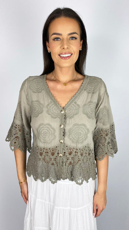 V-neck button-through crochet top | 5 Colours