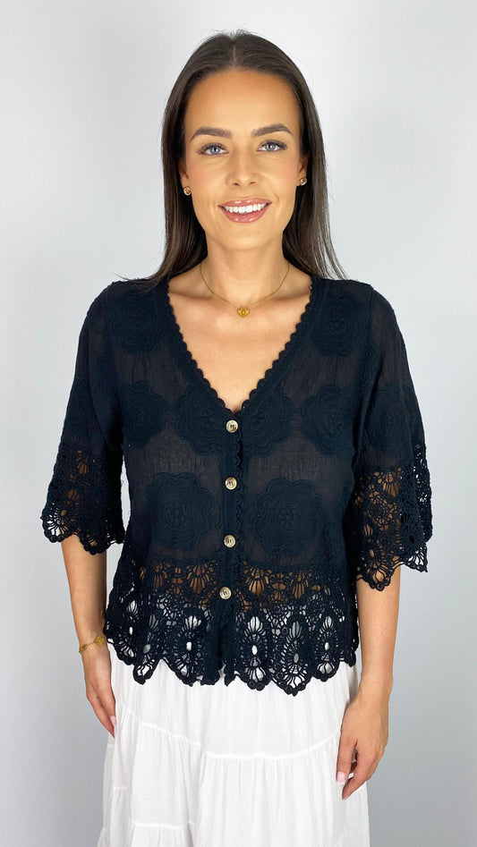 V-neck button-through crochet top | 5 Colours | last 1