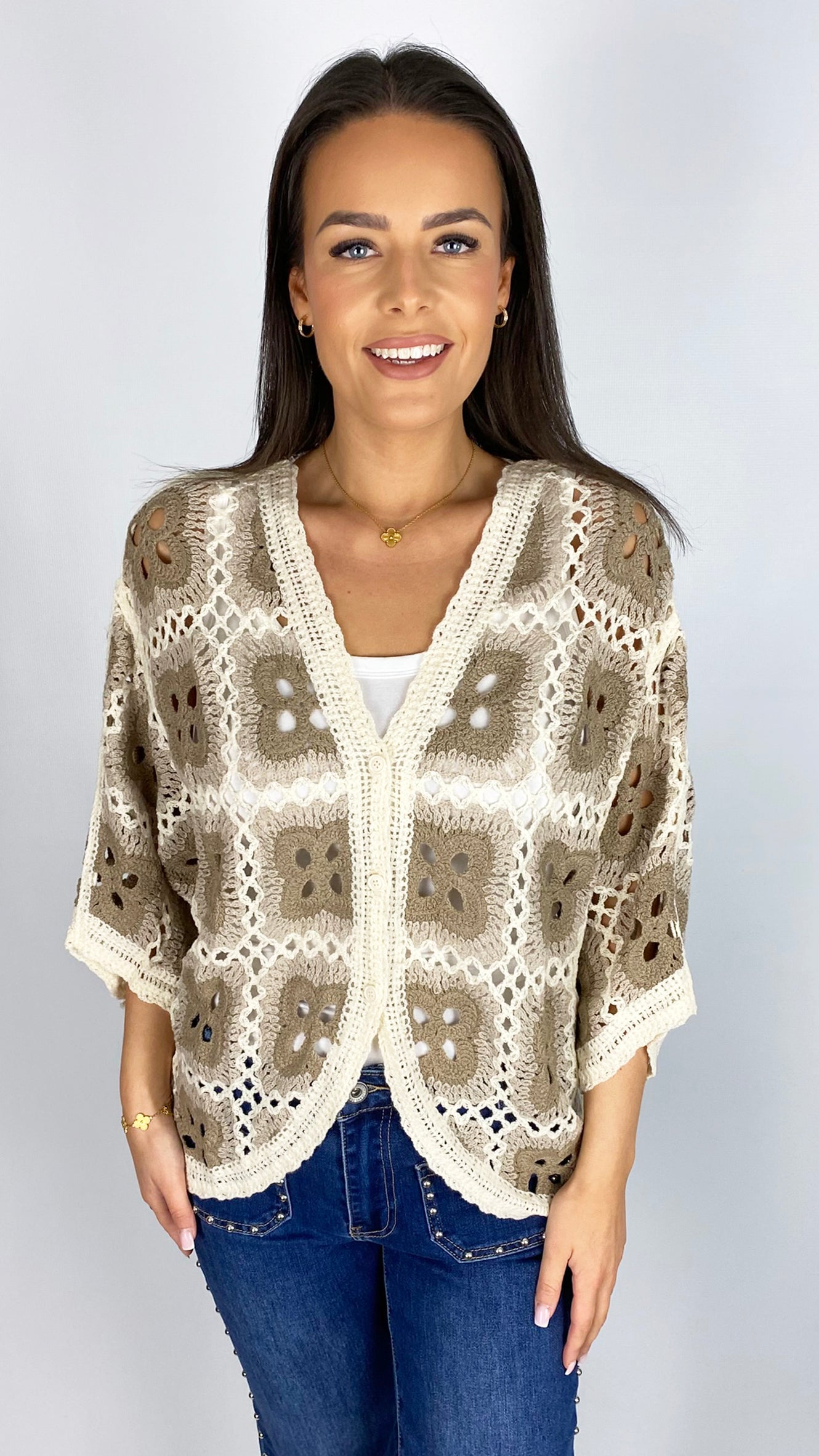 Crochet button-through batwing cardigan | Beige/Cream