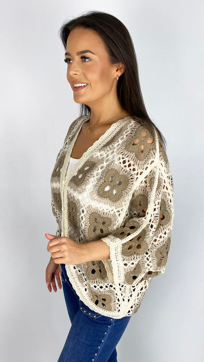 Crochet button-through batwing cardigan | Beige/Cream