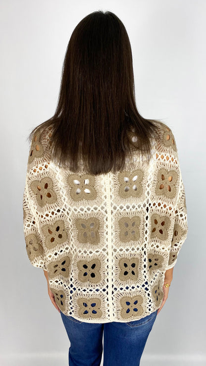 Crochet button-through batwing cardigan | Beige/Cream