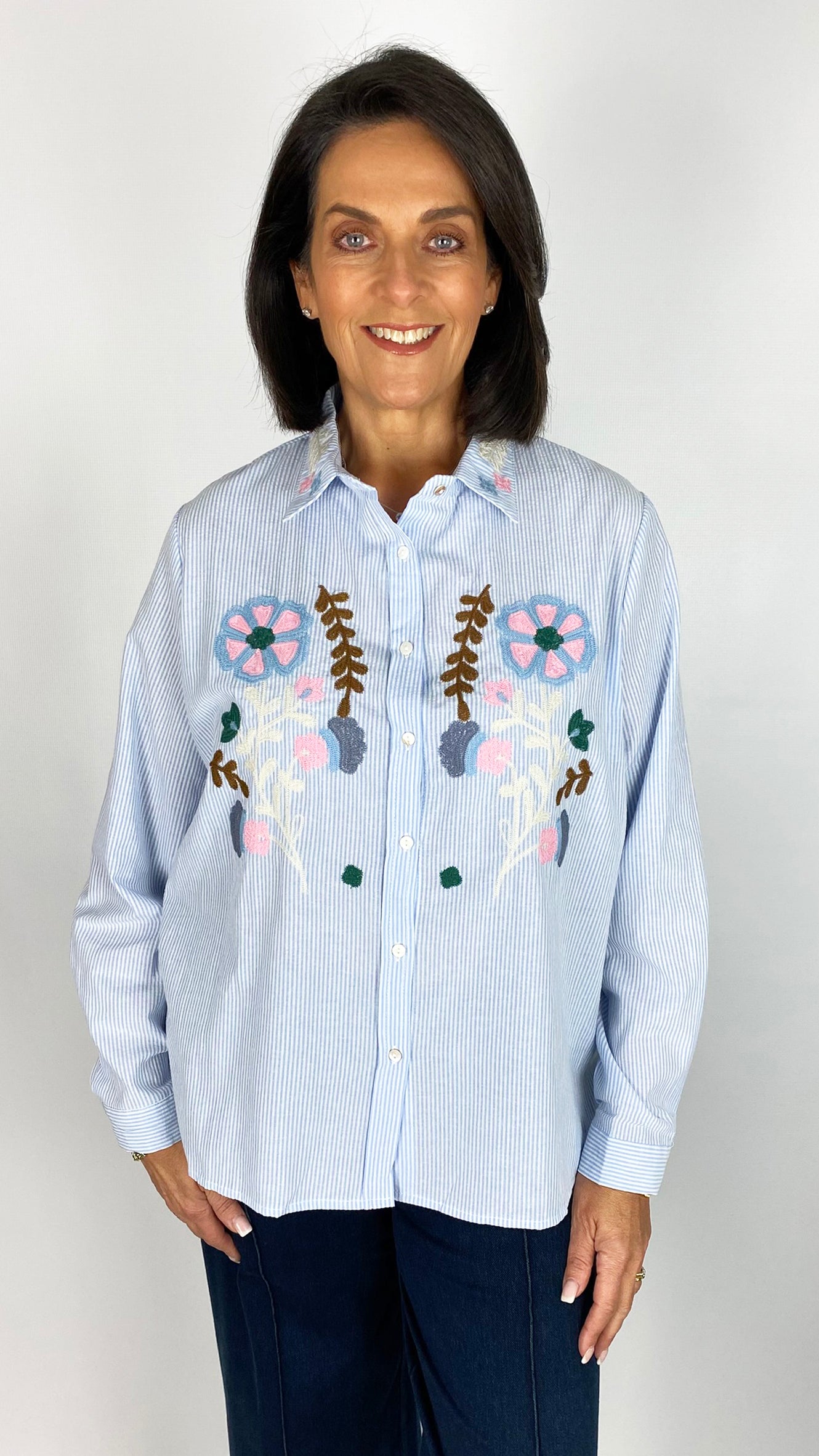 Flower embroidered cotton pinstripe shirt | 2 Colours