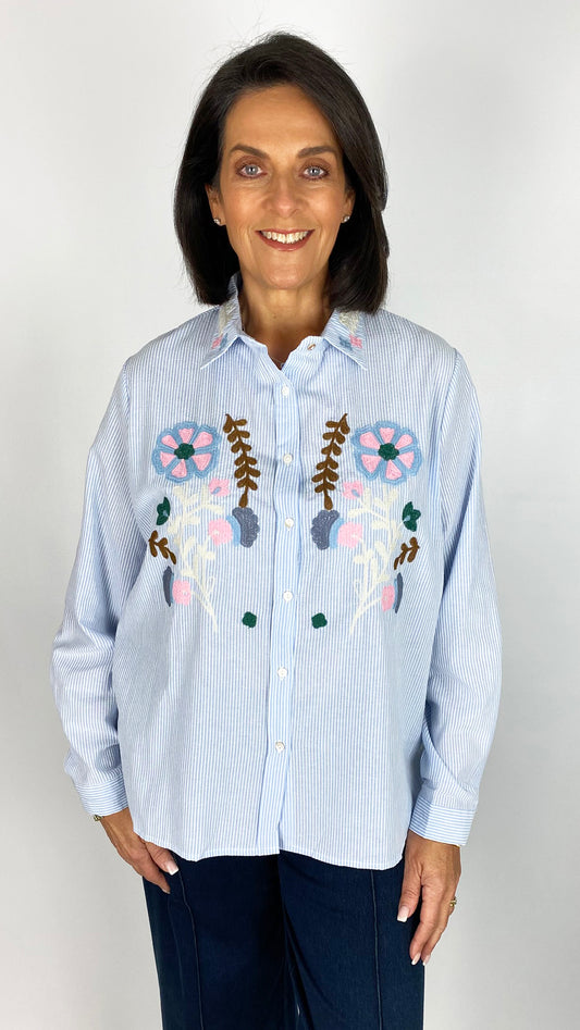 Flower embroidered cotton pinstripe shirt | 2 Colours
