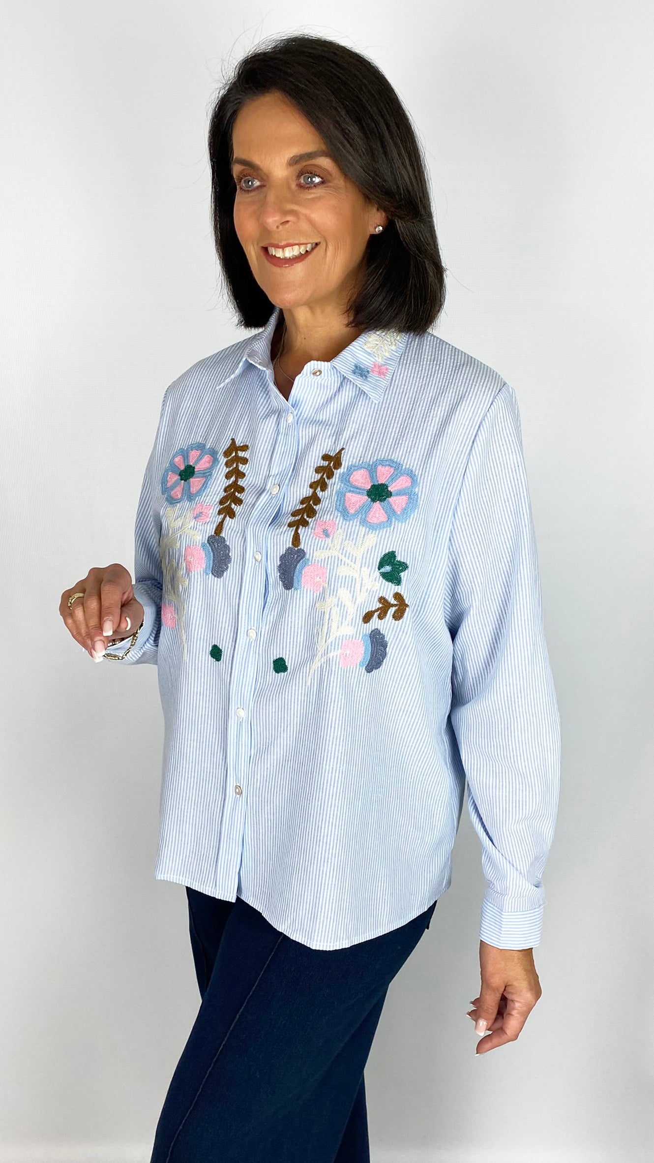 Flower embroidered cotton pinstripe shirt | 2 Colours